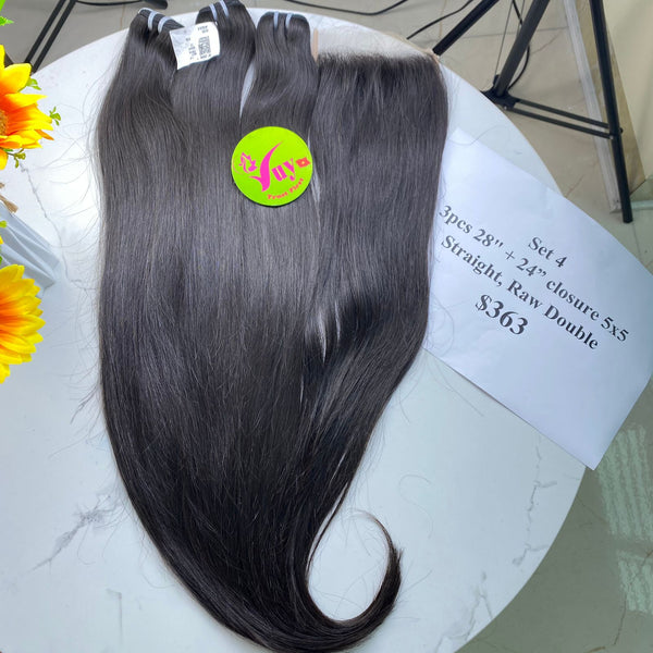 3pcs 28" and 24" Closure 5x5 Straight, Double Drawn, Raw hair (R123)