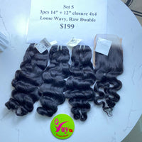 3pcs 14" and 12" Closure 4x4 Loose Wavy, Double Drawn, Raw hair (R125)