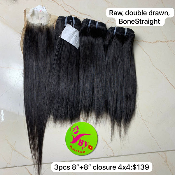3pcs 8" and 8" Closure 4x4 Bone Straight, Double Drawn, Raw hair (R138)