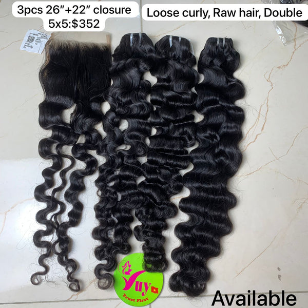 3pcs 26" and 22" Closure 5x5 Loose Curly, Double Drawn, Raw hair (R140)
