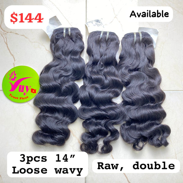 3pcs 14" Double drawn Loose wavy raw hair