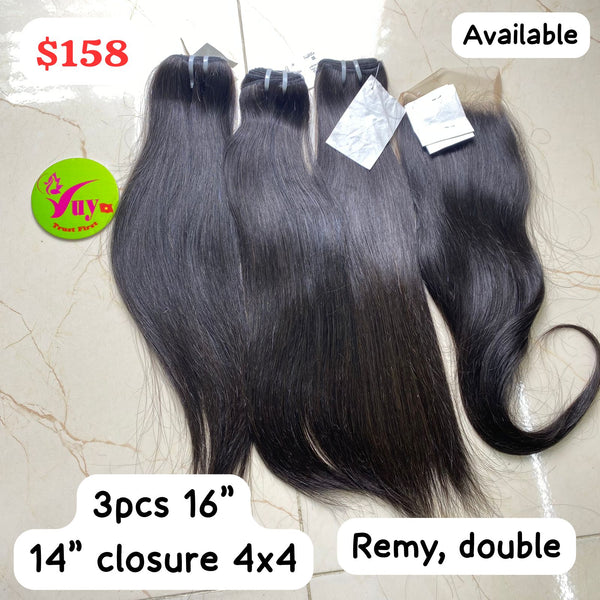 3pcs 16" double drawn remy hair and 14" 4x4 closure