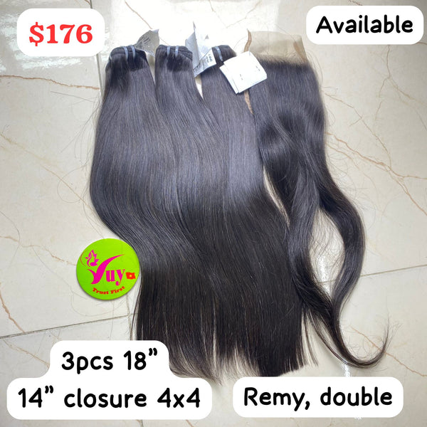 3pcs 18" double drawn remy hair and 14" 4x4 closure