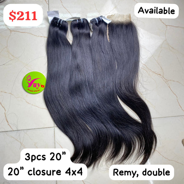 3pcs 20" double drawn remy hair and 20" 4x4 closure