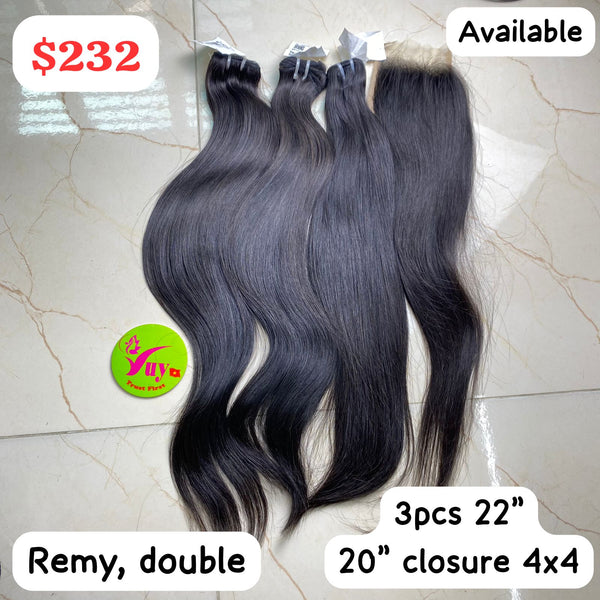 3pcs 22" double drawn remy hair and 20" 4x4 closure