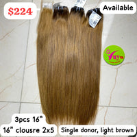 3pcs 16" straight single donor hair and 16" 2x5 closure