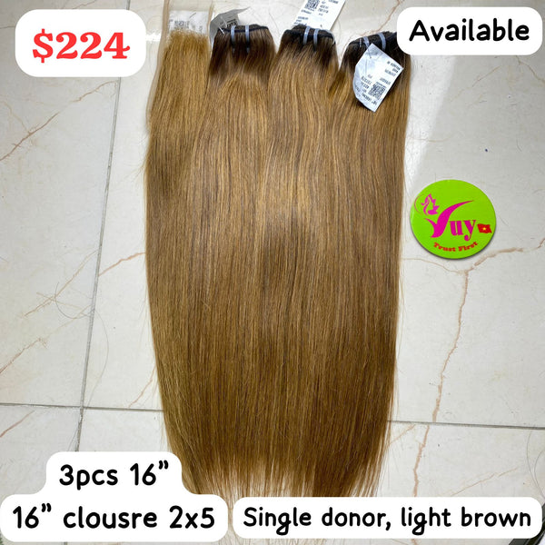 3pcs 16" straight single donor hair and 16" 2x5 closure