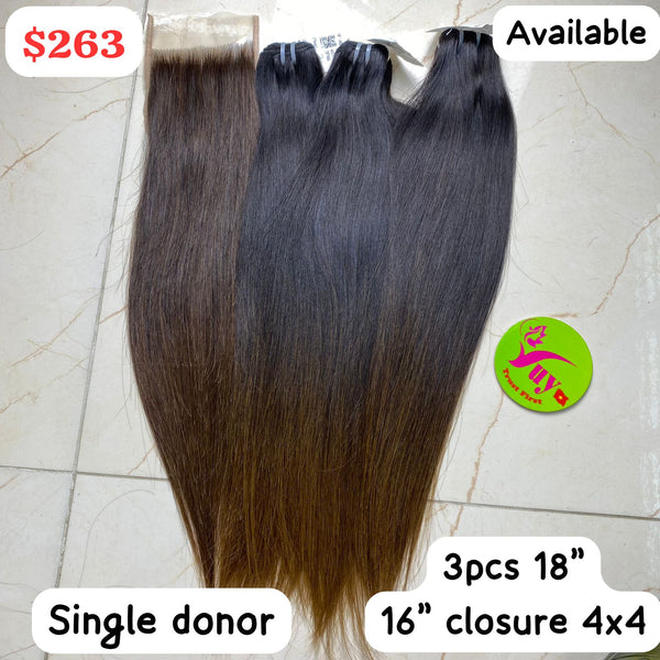 3pcs 18" straight single donor hair and 16" 4x4 closure