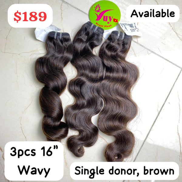 3pcs 16" wavy brown color single donor hair