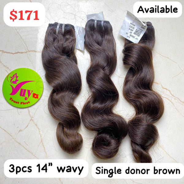 3pcs 14" wavy brown single donor hair