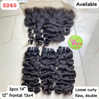 3pcs 14" and 12" frontal 13x4" Loose curly double drawn raw hair