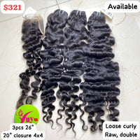 3pcs 26" and 20" 4x4 closure Loose curly double drawn raw hair