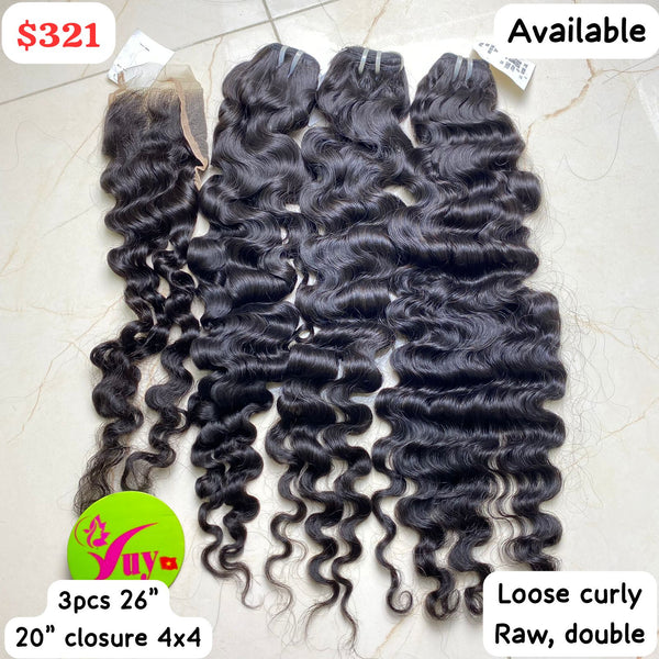 3pcs 26" and 20" 4x4 closure Loose curly double drawn raw hair