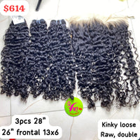 3pcs 28" and 26" 13x6 frontal Kinky Loose Curly Raw Double