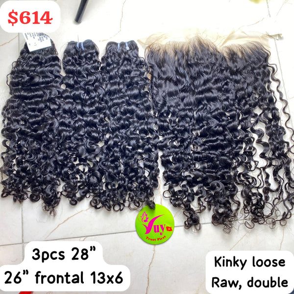 3pcs 28" and 26" 13x6 frontal Kinky Loose Curly Raw Double