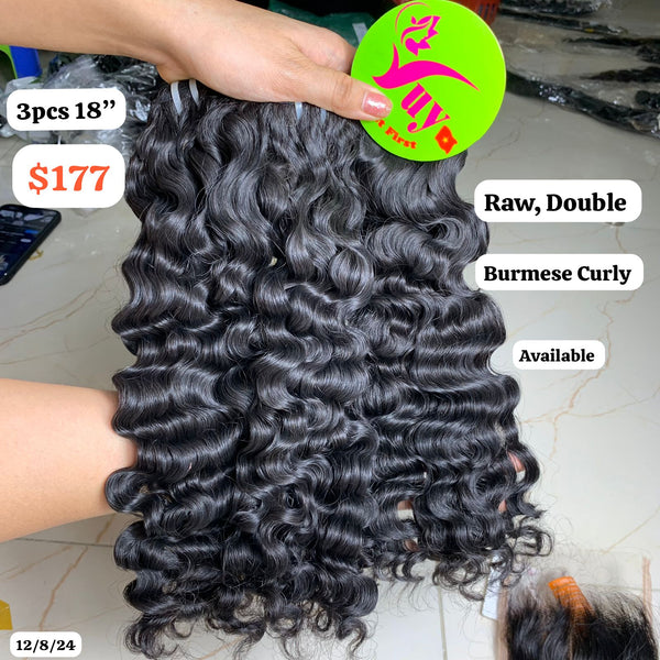 3pcs 18" Burmese curly Double drawn Raw hair