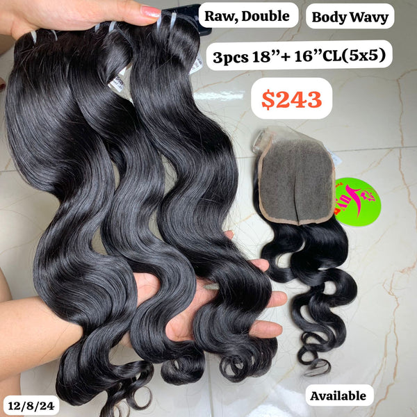 3pcs 18" and 16" 5x5 closure Body wavy Double drawn Raw hair