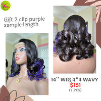 14" 4x4 closure wig wave (from 2 bundles) (Special gift: 2 clip ins purple hair)