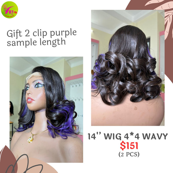14" 4x4 closure wig wave (from 2 bundles) (Special gift: 2 clip ins purple hair)