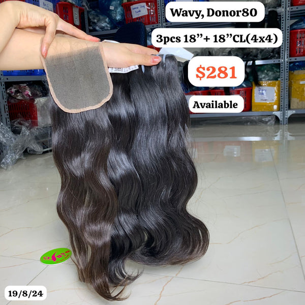 3pcs 18" and 18" 4x4 closure Wavy single donor hair