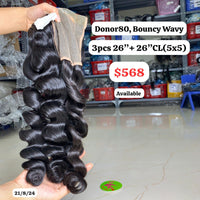 3pcs 26" and 26" 5x5 closure Bouncy wavy single donor hair