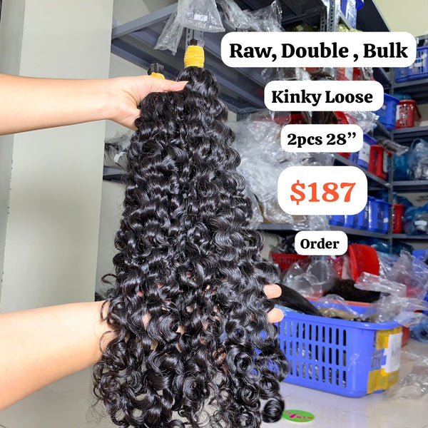 2pcs 28" bulk Burmese kinky loose curly double drawn raw hair