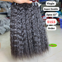3pcs 12" Yaki straight super double drawn virgin hair