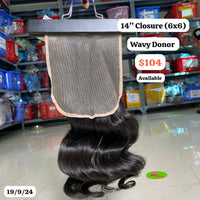 14" 6x6 closure wavy donor hair