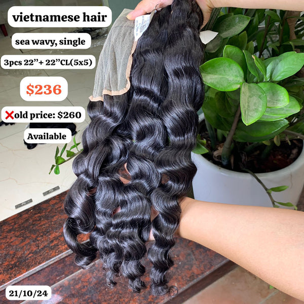 3pcs 22" and 22" 5x5 closure Sea wave single drawn Vietnamese hair