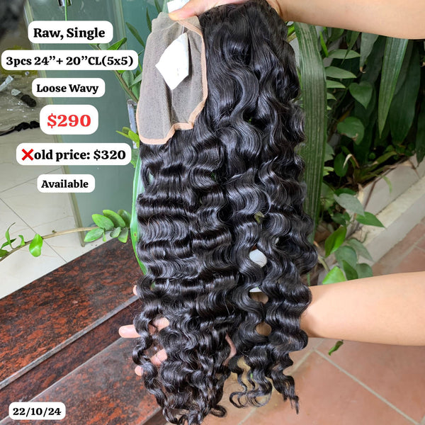 3pcs 24" and 20" 5x5 closure Loose wave single drawn raw hair