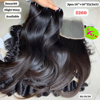 3pcs 16" and 16" 5x5 closure Slight wave single donor hair