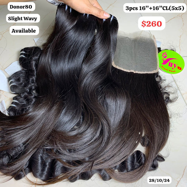 3pcs 16" and 16" 5x5 closure Slight wave single donor hair