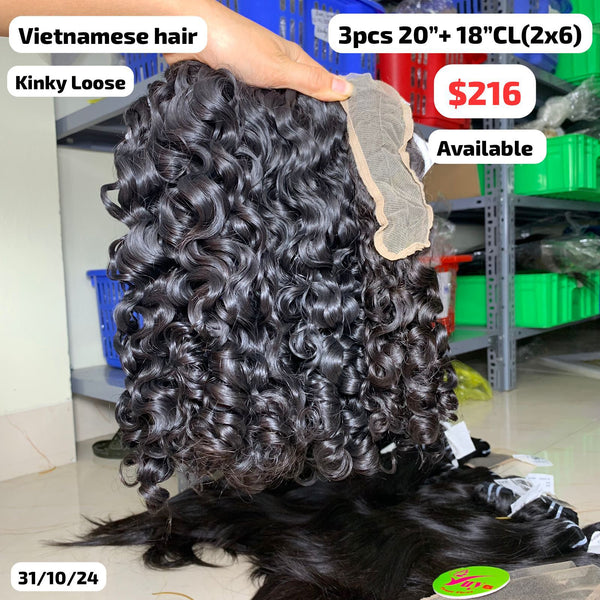 3pcs 20" and 18" 2x6 closure Kinky loose curly Vietnamese hair