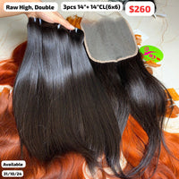 3pcs 14" and 14" 6x6 closure Straight double drawn raw hair high quality