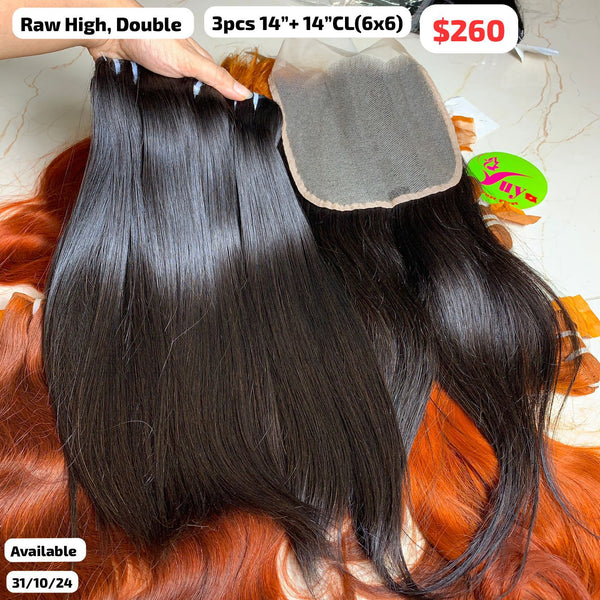 3pcs 14" and 14" 6x6 closure Straight double drawn raw hair high quality