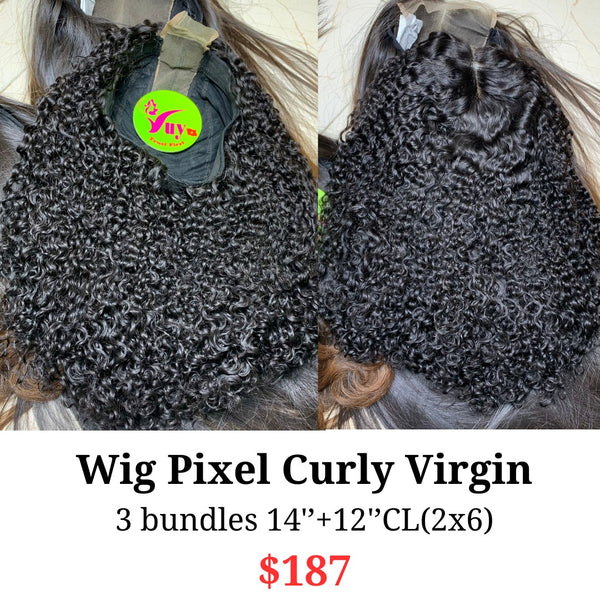 14" 2x6 closure wig Pixel curly virgin hair (from 3 bundles 14" and 12" 2x6 closure)