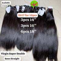 3pcs 14" 3pcs 16" and 4pcs 18" Bone straight super double drawn virgin hair (10pcs total)