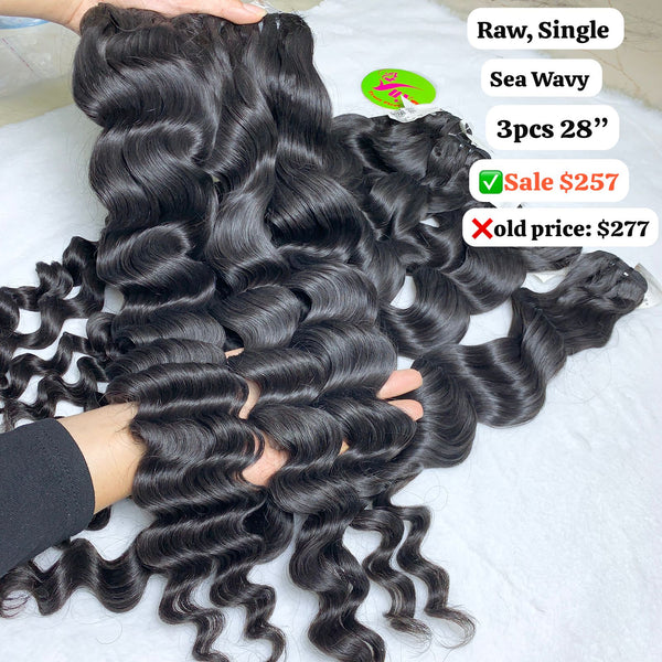 3pcs 28" Sea wave single drawn raw hair