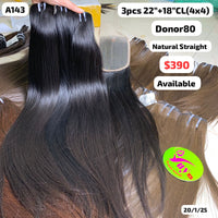 3pcs 22" and 18" 4x4 closure Straight single donor hair (A143)