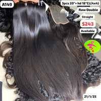 3pcs 20" and 18" 4x4 HD closure Natural straight double drawn raw hair (A149)