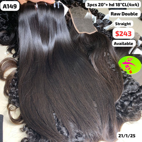 3pcs 20" and 18" 4x4 HD closure Natural straight double drawn raw hair (A149)