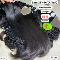 3pcs 26" and 24" 4x4 closure Natural straight double drawn raw hair (A152)