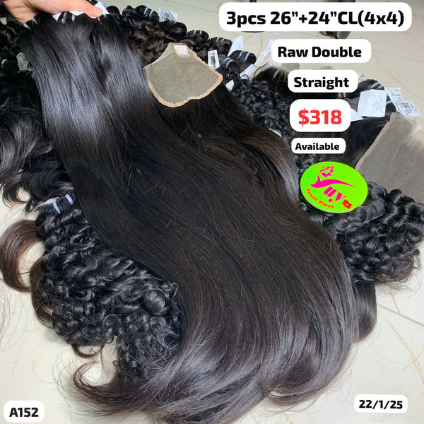 3pcs 26" and 24" 4x4 closure Natural straight double drawn raw hair (A152)