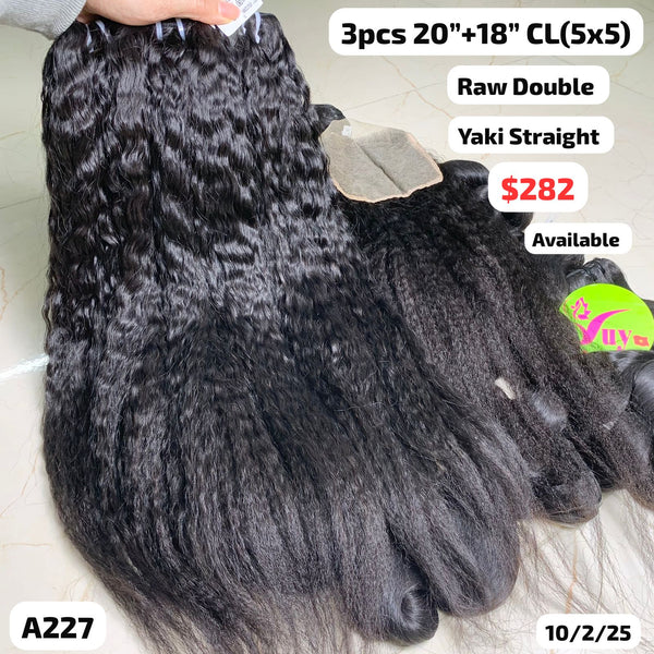 3pcs 20" and 18" 5x5 closure Yaki straight double drawn raw hair (A227)