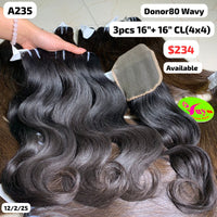 3pcs 16" and 16" 4x4 closure wavy single donor hair (A235)