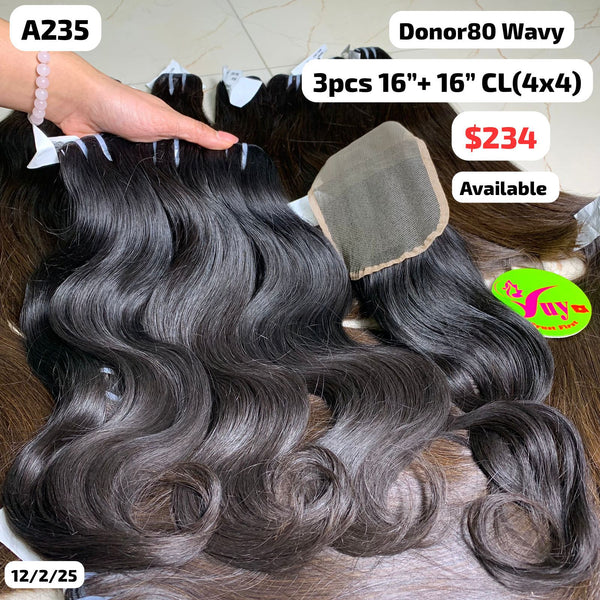 3pcs 16" and 16" 4x4 closure wavy single donor hair (A235)