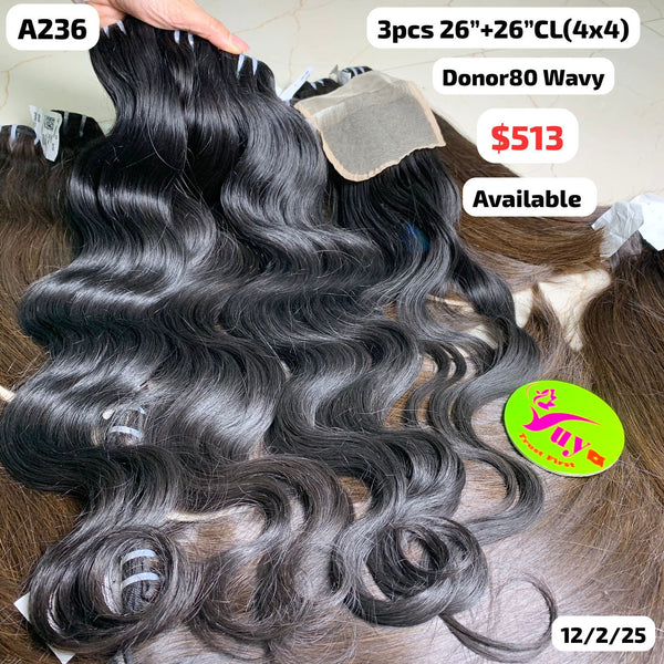 3pcs 26" and 26" 4x4 closure wavy single donor hair (A236)