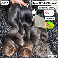 3pcs 26" and 26" 4x4 closure Wavy single donor hair (A247)