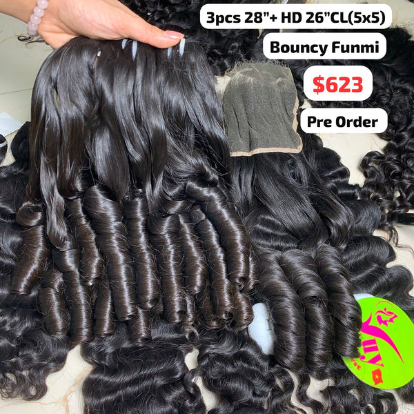 [PRE-ORDER] 3pcs 28" and 26" 5x5 HD closure Bouncy funmi hair