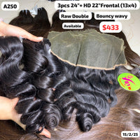 3pcs 24" and 22" HD 13x4 frontal Bouncy wavy double drawn raw hair (A250)